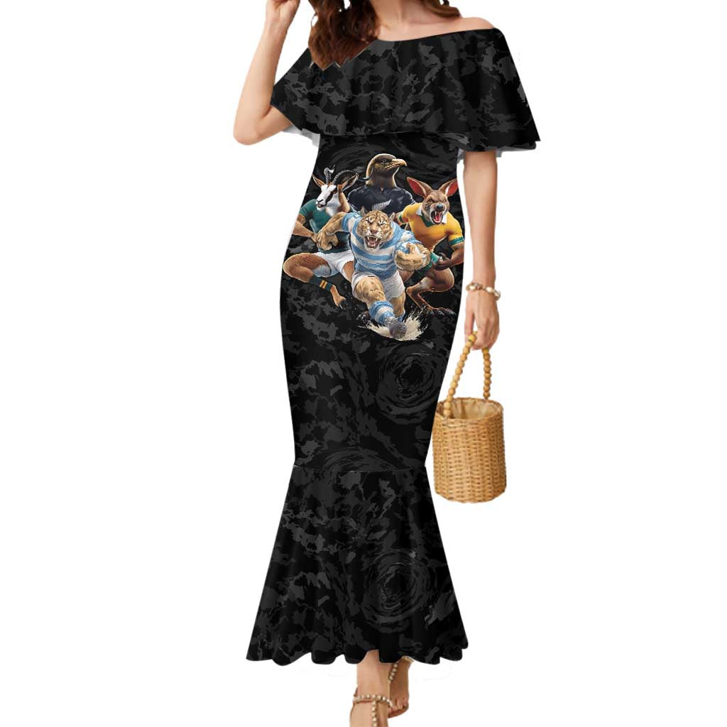 Custom Rugby Southern Hemisphere Mermaid Dress Argentina AUNZ South Africa Mascot Black - Polynesian Pride