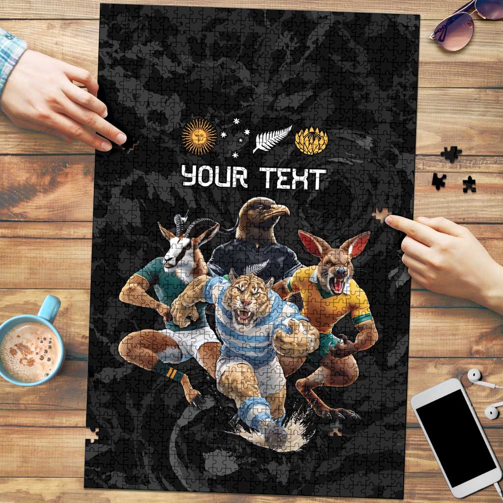 Custom Rugby Southern Hemisphere Puzzle Argentina AUNZ South Africa Mascot Black - Polynesian Pride