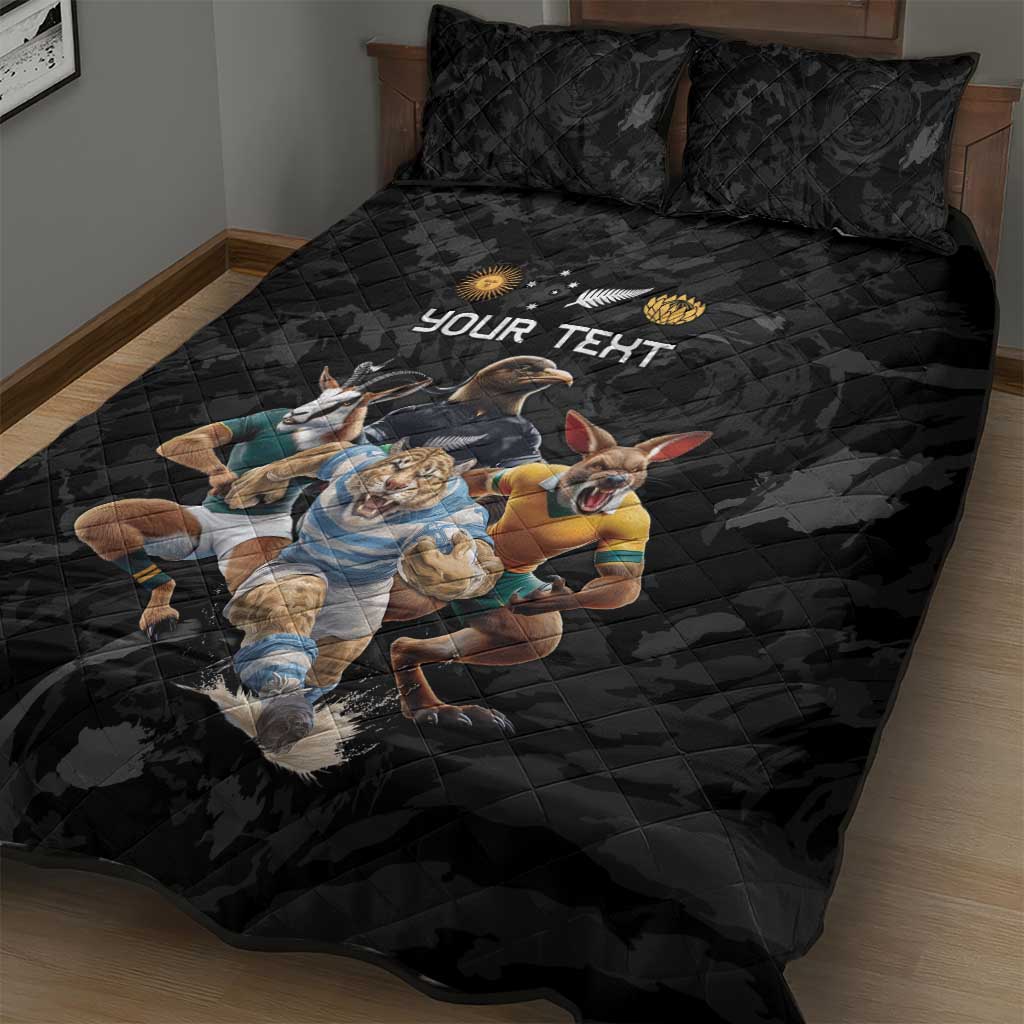 Custom Rugby Southern Hemisphere Quilt Bed Set Argentina AUNZ South Africa Mascot Black - Polynesian Pride