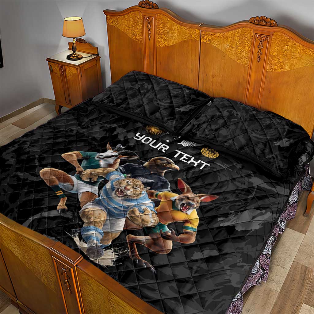 Custom Rugby Southern Hemisphere Quilt Bed Set Argentina AUNZ South Africa Mascot Black - Polynesian Pride
