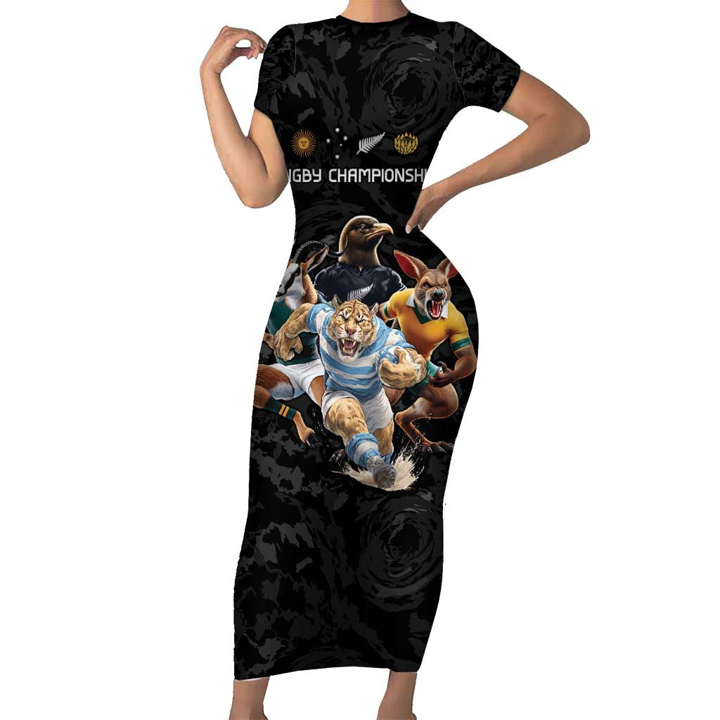 Custom Rugby Southern Hemisphere Short Sleeve Bodycon Dress Argentina AUNZ South Africa Mascot Black - Polynesian Pride