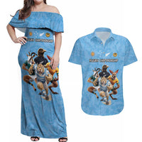 Custom Rugby Southern Hemisphere Couples Matching Off Shoulder Maxi Dress and Hawaiian Shirt Argentina AUNZ South Africa Mascot Blue - Polynesian Pride