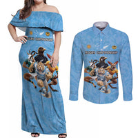 Custom Rugby Southern Hemisphere Couples Matching Off Shoulder Maxi Dress and Long Sleeve Button Shirt Argentina AUNZ South Africa Mascot Blue LT9 Blue - Polynesian Pride
