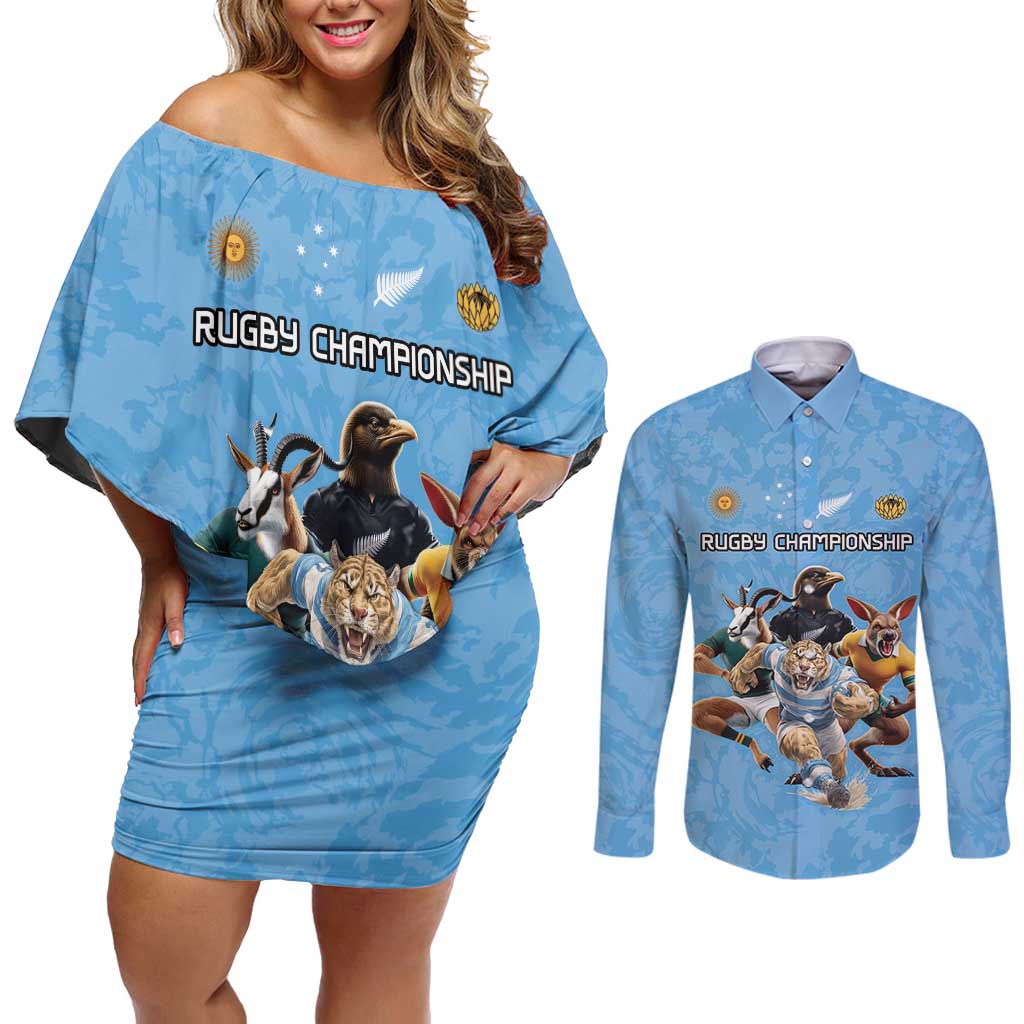 Custom Rugby Southern Hemisphere Couples Matching Off Shoulder Short Dress and Long Sleeve Button Shirt Argentina AUNZ South Africa Mascot Blue LT9 Blue - Polynesian Pride