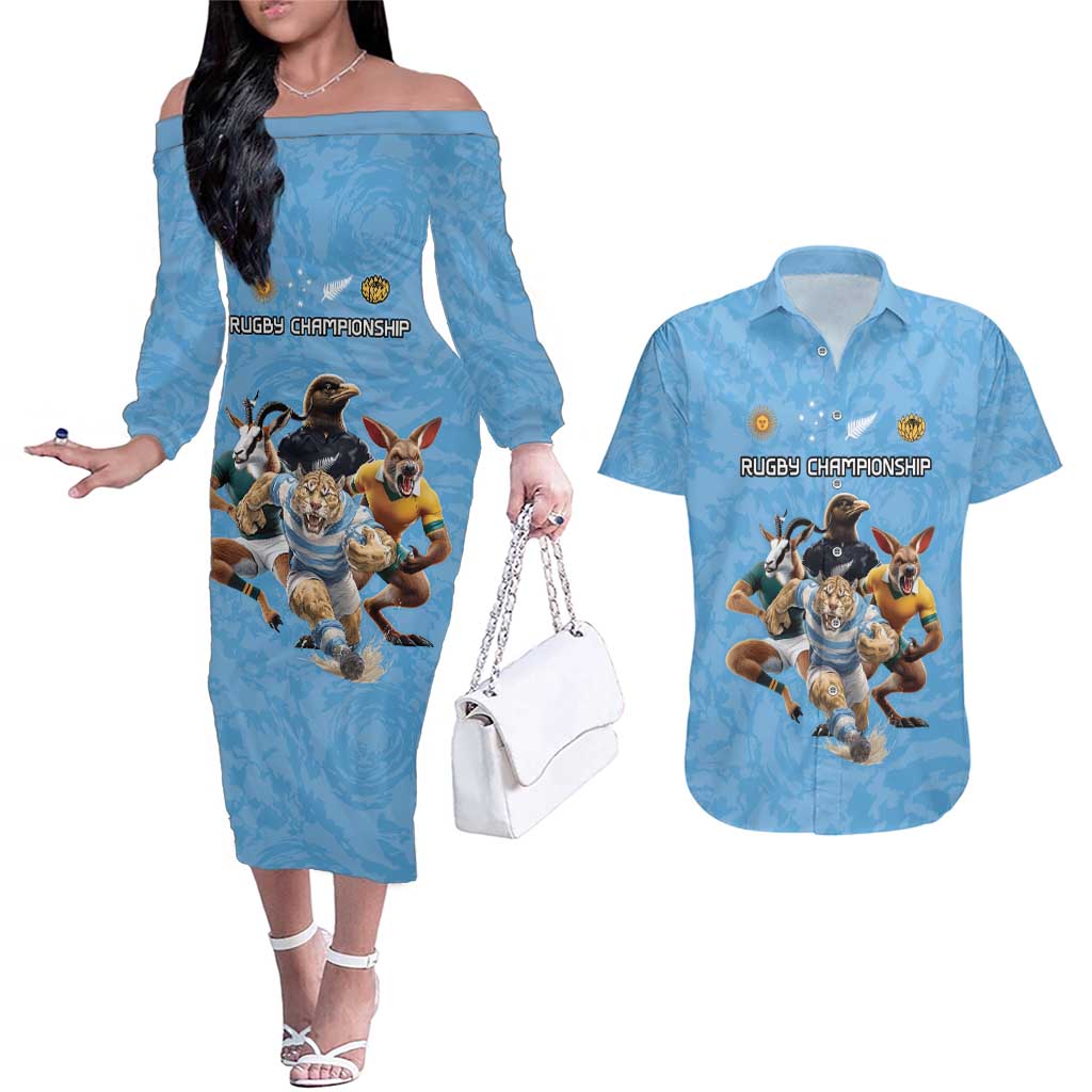 Custom Rugby Southern Hemisphere Couples Matching Off The Shoulder Long Sleeve Dress and Hawaiian Shirt Argentina AUNZ South Africa Mascot Blue - Polynesian Pride