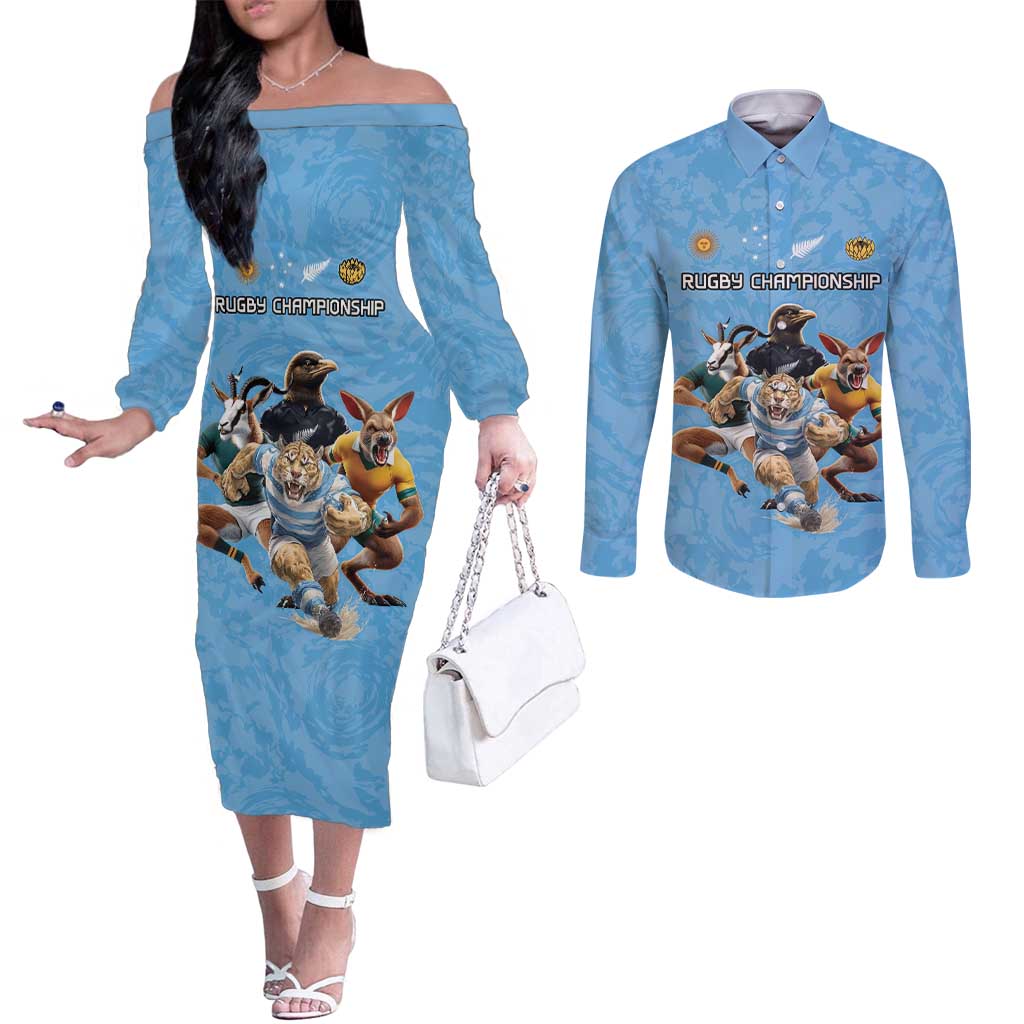 Custom Rugby Southern Hemisphere Couples Matching Off The Shoulder Long Sleeve Dress and Long Sleeve Button Shirt Argentina AUNZ South Africa Mascot Blue LT9 Blue - Polynesian Pride