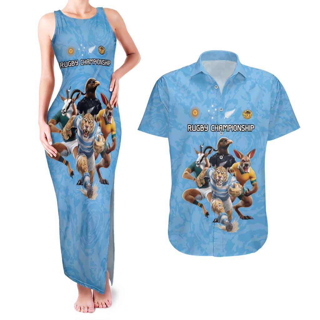 Custom Rugby Southern Hemisphere Couples Matching Tank Maxi Dress and Hawaiian Shirt Argentina AUNZ South Africa Mascot Blue - Polynesian Pride