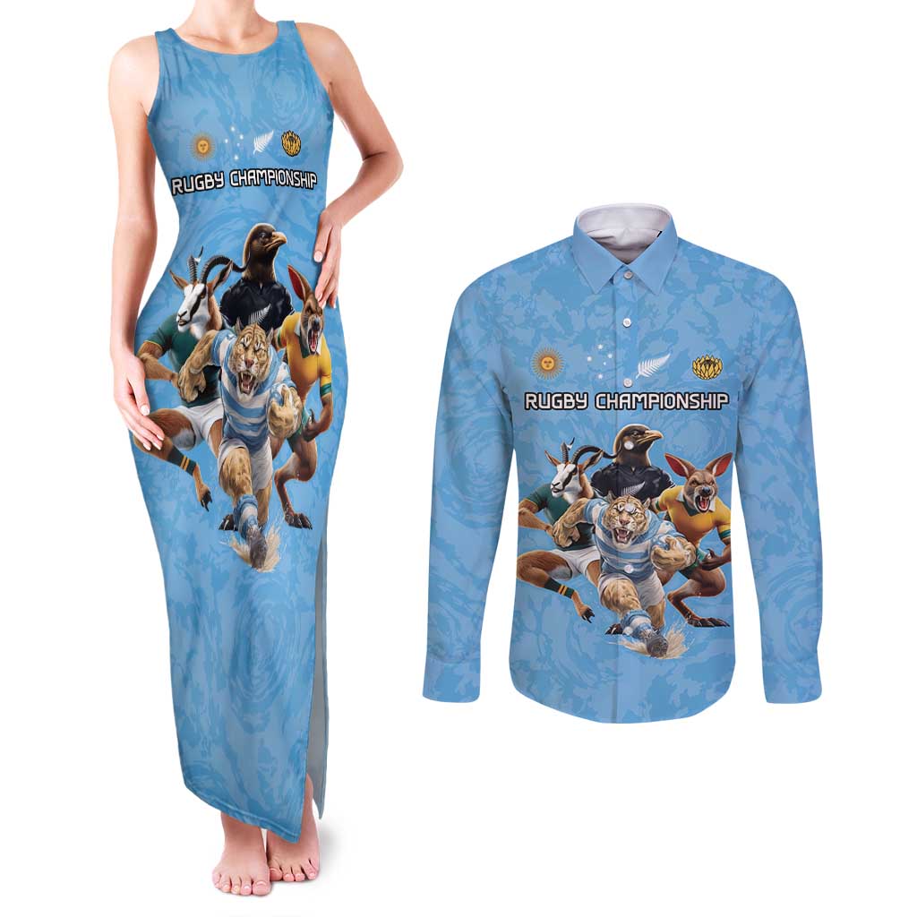 Custom Rugby Southern Hemisphere Couples Matching Tank Maxi Dress and Long Sleeve Button Shirt Argentina AUNZ South Africa Mascot Blue LT9 Blue - Polynesian Pride