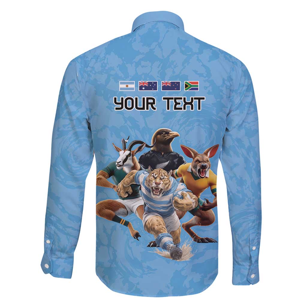 Custom Rugby Southern Hemisphere Family Matching Long Sleeve Bodycon Dress and Hawaiian Shirt Argentina AUNZ South Africa Mascot Blue - Polynesian Pride