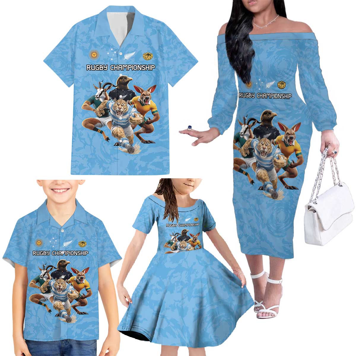 Custom Rugby Southern Hemisphere Family Matching Off The Shoulder Long Sleeve Dress and Hawaiian Shirt Argentina AUNZ South Africa Mascot Blue - Polynesian Pride
