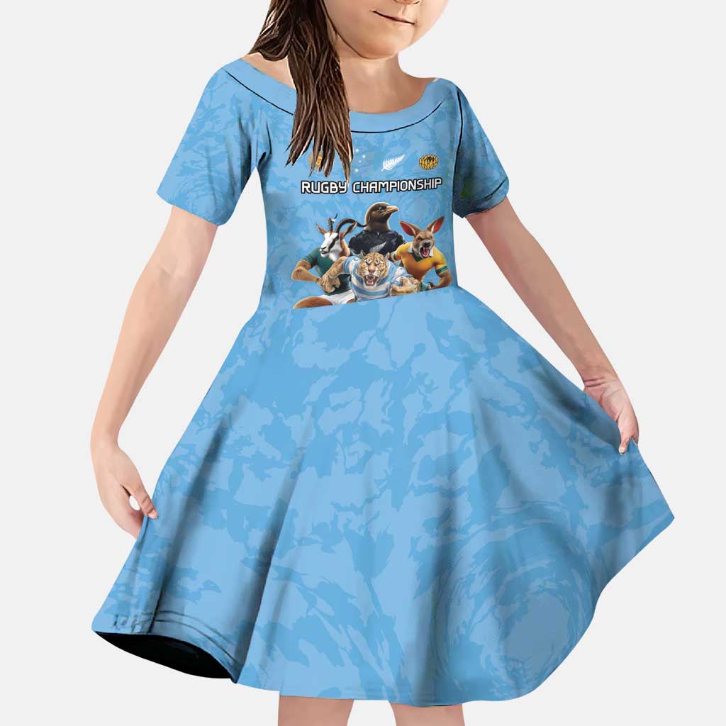 Custom Rugby Southern Hemisphere Family Matching Puletasi and Hawaiian Shirt Argentina AUNZ South Africa Mascot Blue LT9 Daughter's Dress Blue - Polynesian Pride