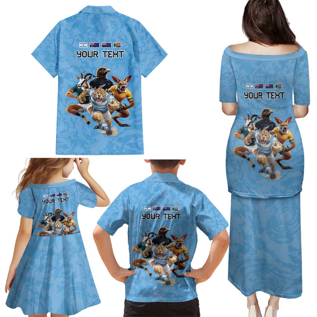 Custom Rugby Southern Hemisphere Family Matching Puletasi and Hawaiian Shirt Argentina AUNZ South Africa Mascot Blue LT9 - Polynesian Pride