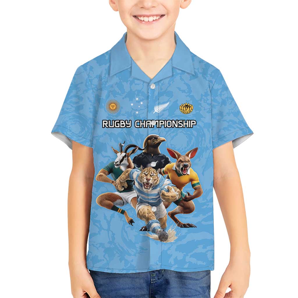 Custom Rugby Southern Hemisphere Family Matching Puletasi and Hawaiian Shirt Argentina AUNZ South Africa Mascot Blue LT9 Son's Shirt Blue - Polynesian Pride