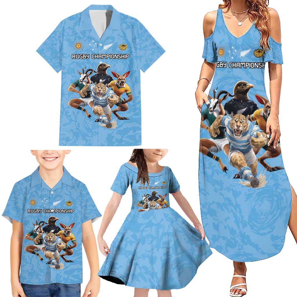 Custom Rugby Southern Hemisphere Family Matching Summer Maxi Dress and Hawaiian Shirt Argentina AUNZ South Africa Mascot Blue - Polynesian Pride