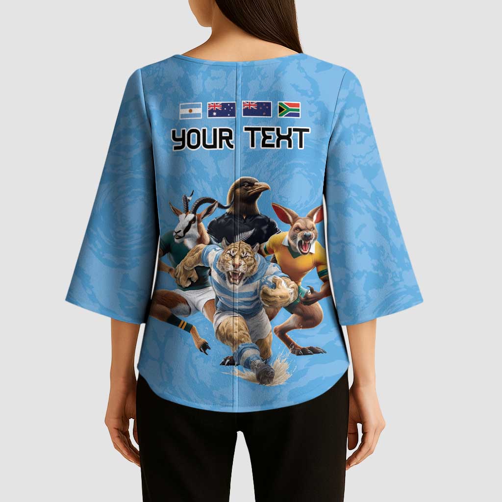 Custom Rugby Southern Hemisphere Kimono Sleeve Blouse Argentina AUNZ South Africa Mascot Blue - Polynesian Pride