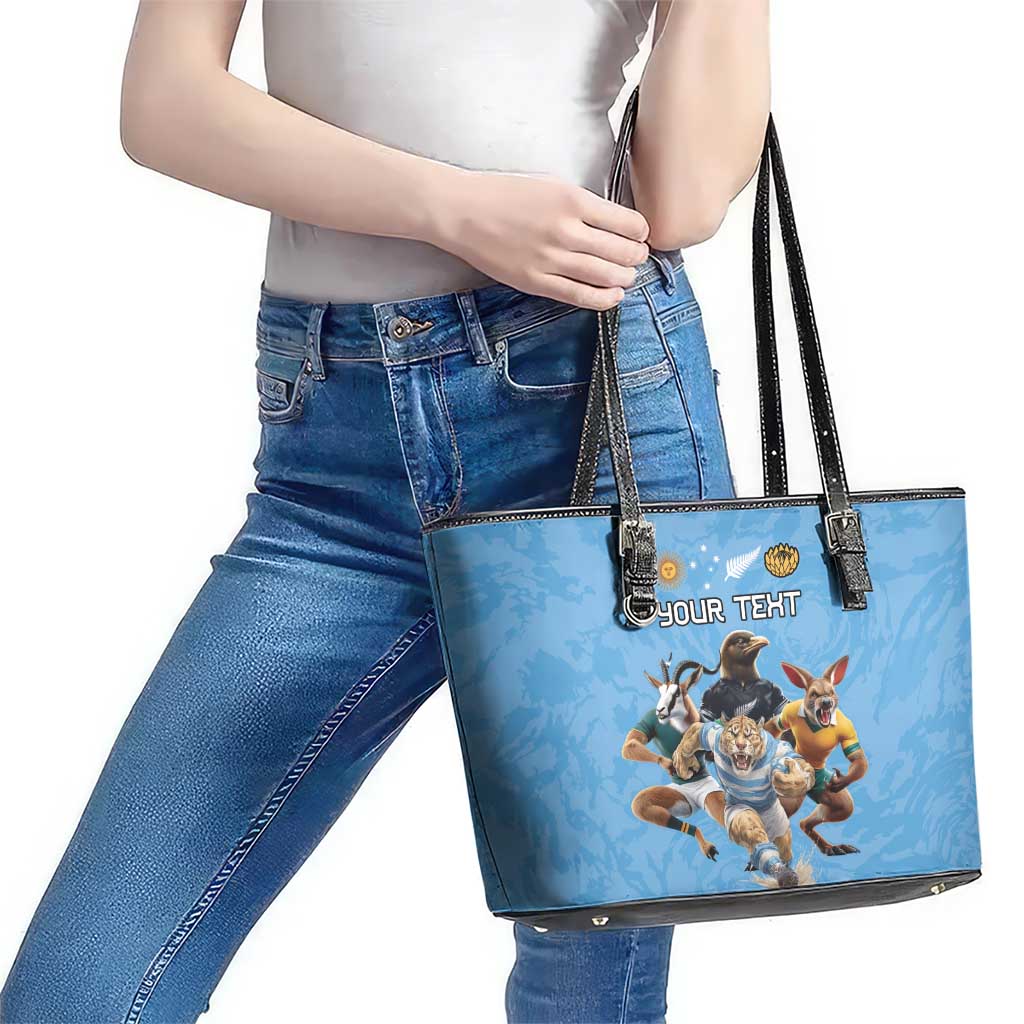 Custom Rugby Southern Hemisphere Leather Tote Bag Argentina AUNZ South Africa Mascot Blue - Polynesian Pride