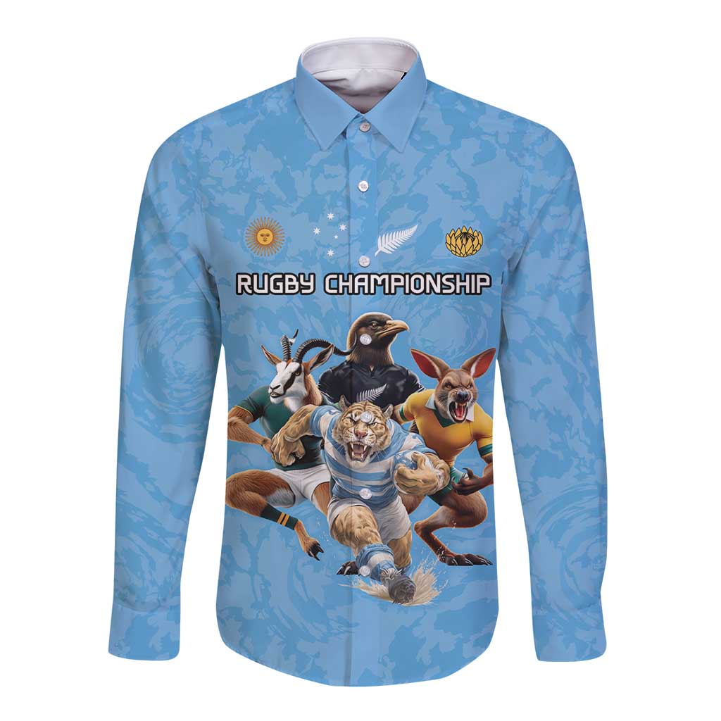Custom Rugby Southern Hemisphere Long Sleeve Button Shirt Argentina AUNZ South Africa Mascot Blue - Polynesian Pride