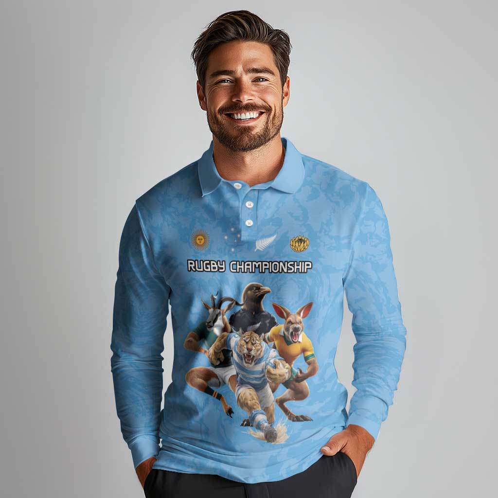 Custom Rugby Southern Hemisphere Long Sleeve Polo Shirt Argentina AUNZ South Africa Mascot Blue - Polynesian Pride
