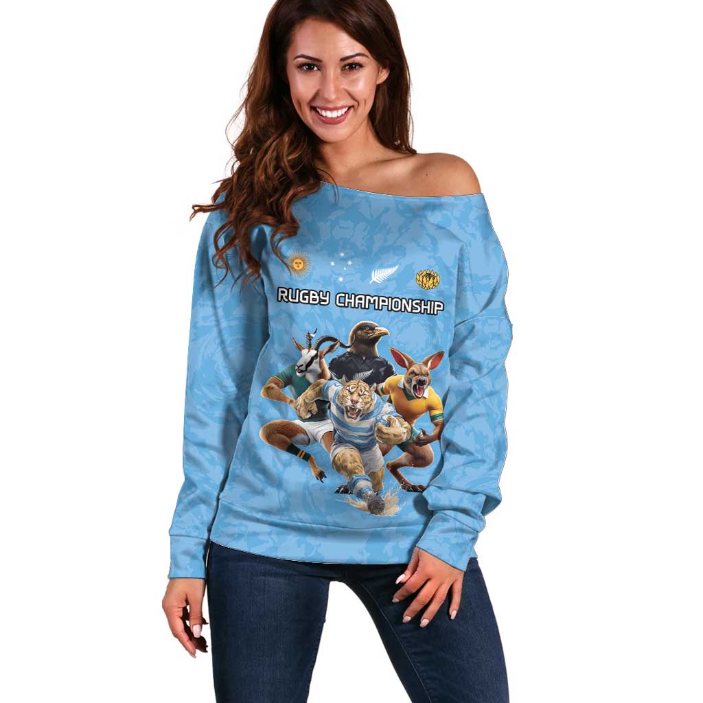 Custom Rugby Southern Hemisphere Off Shoulder Sweater Argentina AUNZ South Africa Mascot Blue - Polynesian Pride