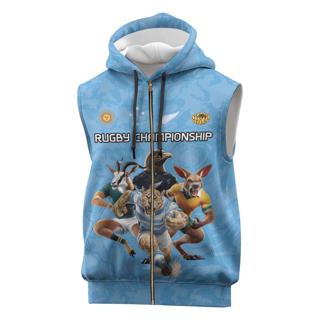 Custom Rugby Southern Hemisphere Sleeveless Zip Hoodie Argentina AUNZ South Africa Mascot Blue - Polynesian Pride