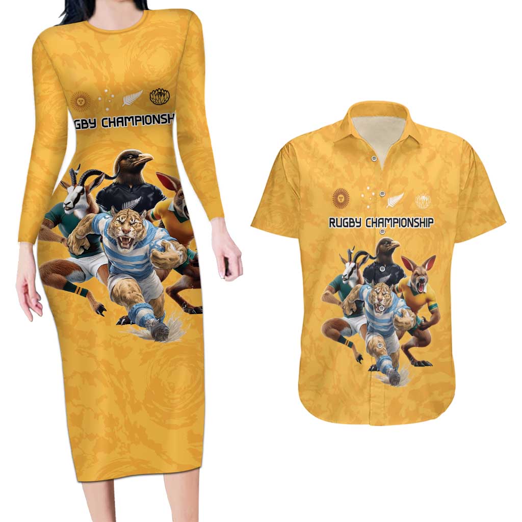 Custom Rugby Southern Hemisphere Couples Matching Long Sleeve Bodycon Dress and Hawaiian Shirt Argentina AUNZ South Africa Mascot Gold LT9 Gold - Polynesian Pride