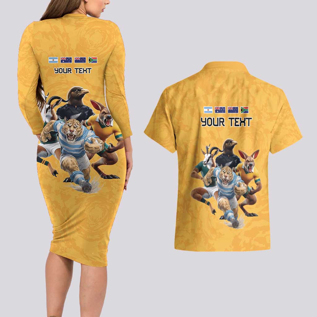 Custom Rugby Southern Hemisphere Couples Matching Long Sleeve Bodycon Dress and Hawaiian Shirt Argentina AUNZ South Africa Mascot Gold LT9 - Polynesian Pride