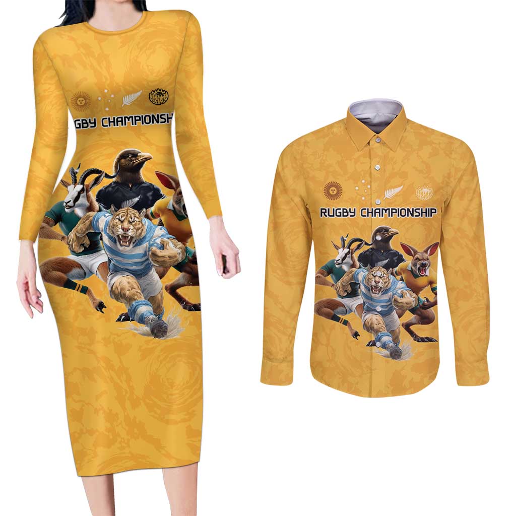 Custom Rugby Southern Hemisphere Couples Matching Long Sleeve Bodycon Dress and Long Sleeve Button Shirt Argentina AUNZ South Africa Mascot Gold LT9 Gold - Polynesian Pride