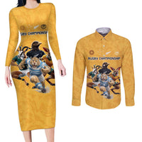 Custom Rugby Southern Hemisphere Couples Matching Long Sleeve Bodycon Dress and Long Sleeve Button Shirt Argentina AUNZ South Africa Mascot Gold LT9 Gold - Polynesian Pride