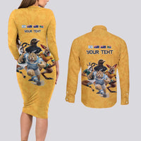 Custom Rugby Southern Hemisphere Couples Matching Long Sleeve Bodycon Dress and Long Sleeve Button Shirt Argentina AUNZ South Africa Mascot Gold LT9 - Polynesian Pride