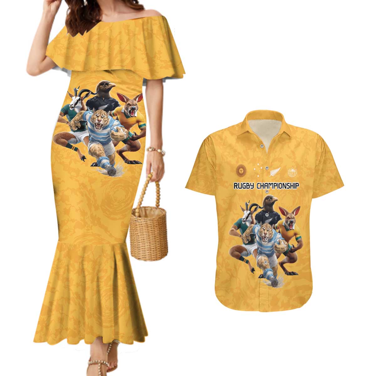 Custom Rugby Southern Hemisphere Couples Matching Mermaid Dress and Hawaiian Shirt Argentina AUNZ South Africa Mascot Gold LT9 Gold - Polynesian Pride