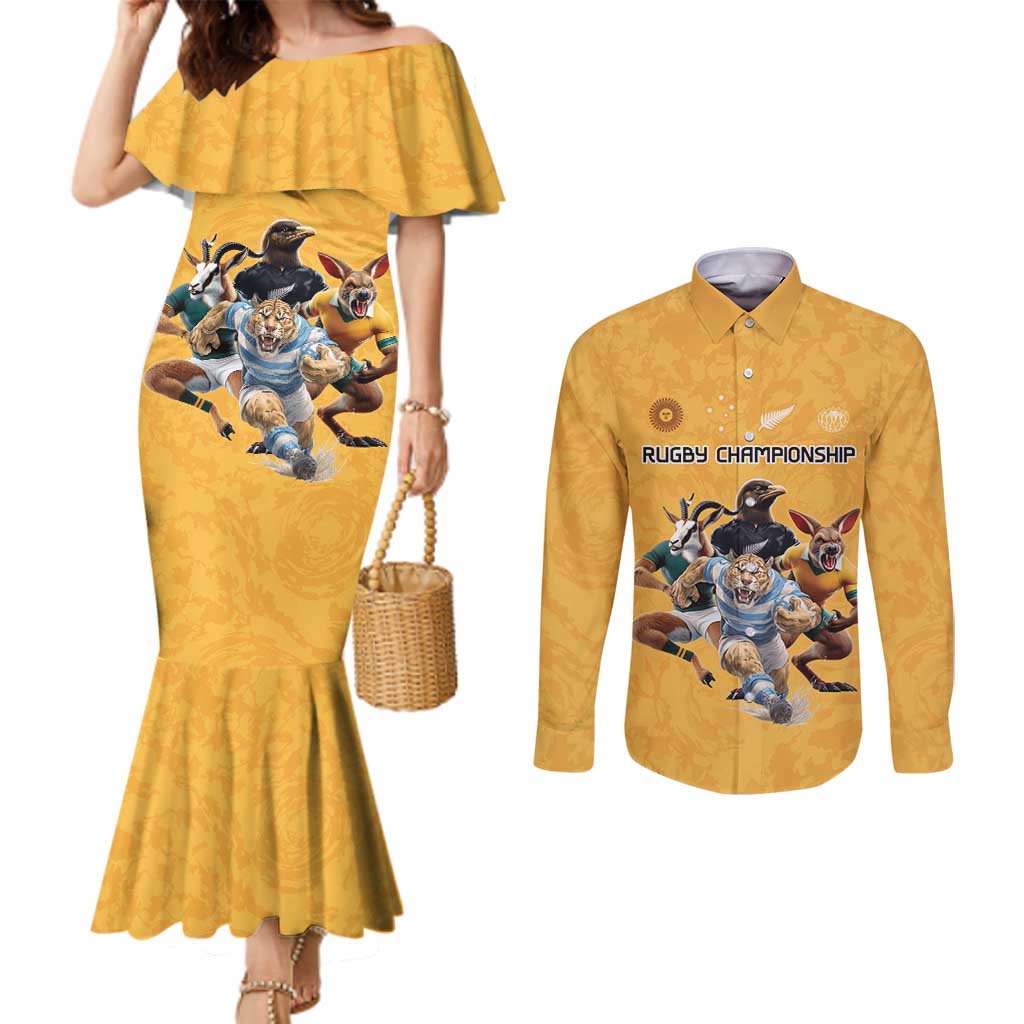 Custom Rugby Southern Hemisphere Couples Matching Mermaid Dress and Long Sleeve Button Shirt Argentina AUNZ South Africa Mascot Gold LT9 Gold - Polynesian Pride