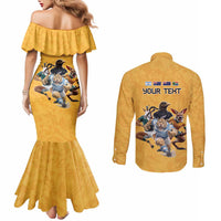 Custom Rugby Southern Hemisphere Couples Matching Mermaid Dress and Long Sleeve Button Shirt Argentina AUNZ South Africa Mascot Gold LT9 - Polynesian Pride