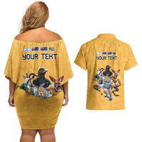 Custom Rugby Southern Hemisphere Couples Matching Off Shoulder Short Dress and Hawaiian Shirt Argentina AUNZ South Africa Mascot Gold - Polynesian Pride