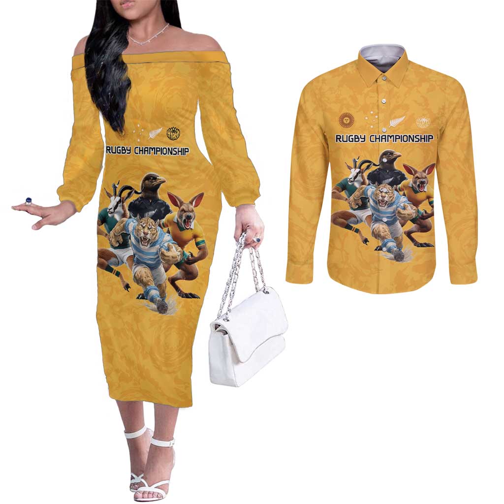Custom Rugby Southern Hemisphere Couples Matching Off The Shoulder Long Sleeve Dress and Long Sleeve Button Shirt Argentina AUNZ South Africa Mascot Gold LT9 Gold - Polynesian Pride