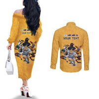 Custom Rugby Southern Hemisphere Couples Matching Off The Shoulder Long Sleeve Dress and Long Sleeve Button Shirt Argentina AUNZ South Africa Mascot Gold LT9 - Polynesian Pride