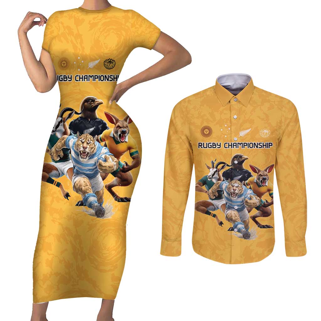 Custom Rugby Southern Hemisphere Couples Matching Short Sleeve Bodycon Dress and Long Sleeve Button Shirt Argentina AUNZ South Africa Mascot Gold LT9 Gold - Polynesian Pride