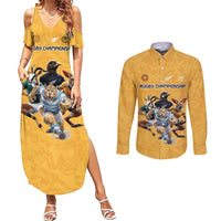 Custom Rugby Southern Hemisphere Couples Matching Summer Maxi Dress and Long Sleeve Button Shirt Argentina AUNZ South Africa Mascot Gold LT9 Gold - Polynesian Pride