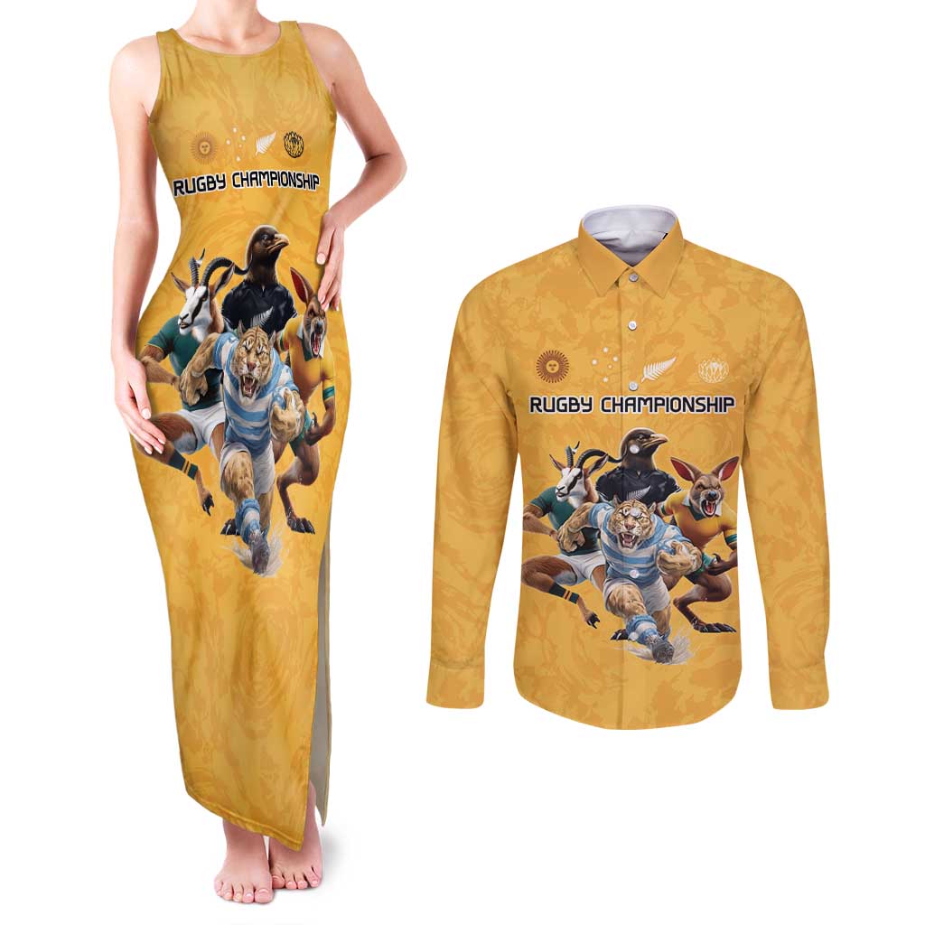 Custom Rugby Southern Hemisphere Couples Matching Tank Maxi Dress and Long Sleeve Button Shirt Argentina AUNZ South Africa Mascot Gold - Polynesian Pride