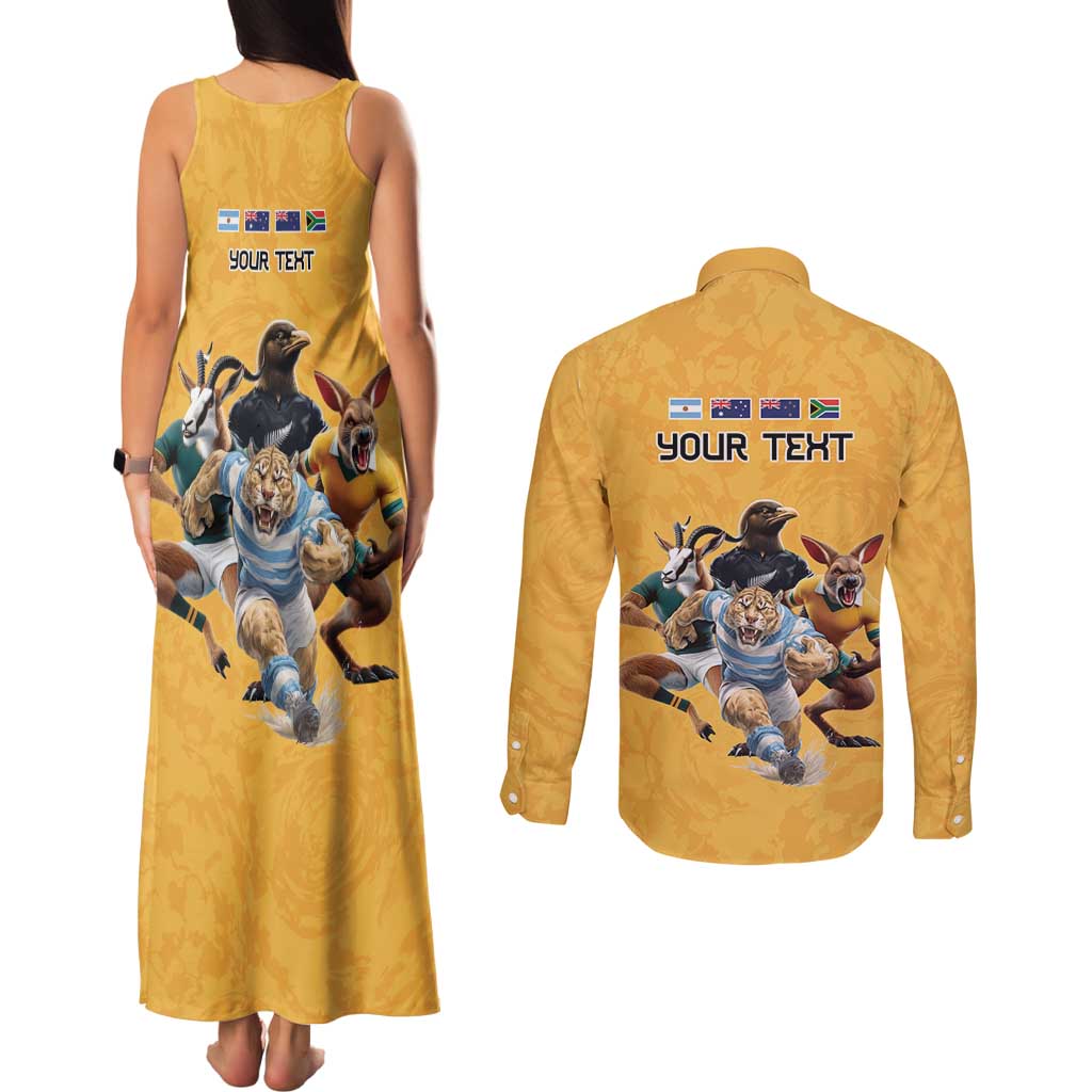 Custom Rugby Southern Hemisphere Couples Matching Tank Maxi Dress and Long Sleeve Button Shirt Argentina AUNZ South Africa Mascot Gold LT9 - Polynesian Pride