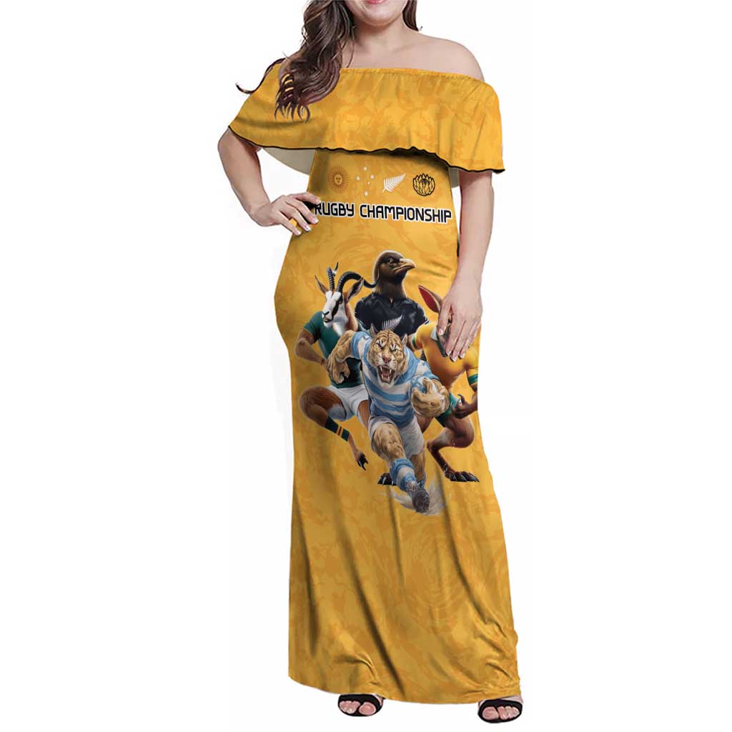 Custom Rugby Southern Hemisphere Family Matching Off Shoulder Maxi Dress and Hawaiian Shirt Argentina AUNZ South Africa Mascot Gold - Polynesian Pride