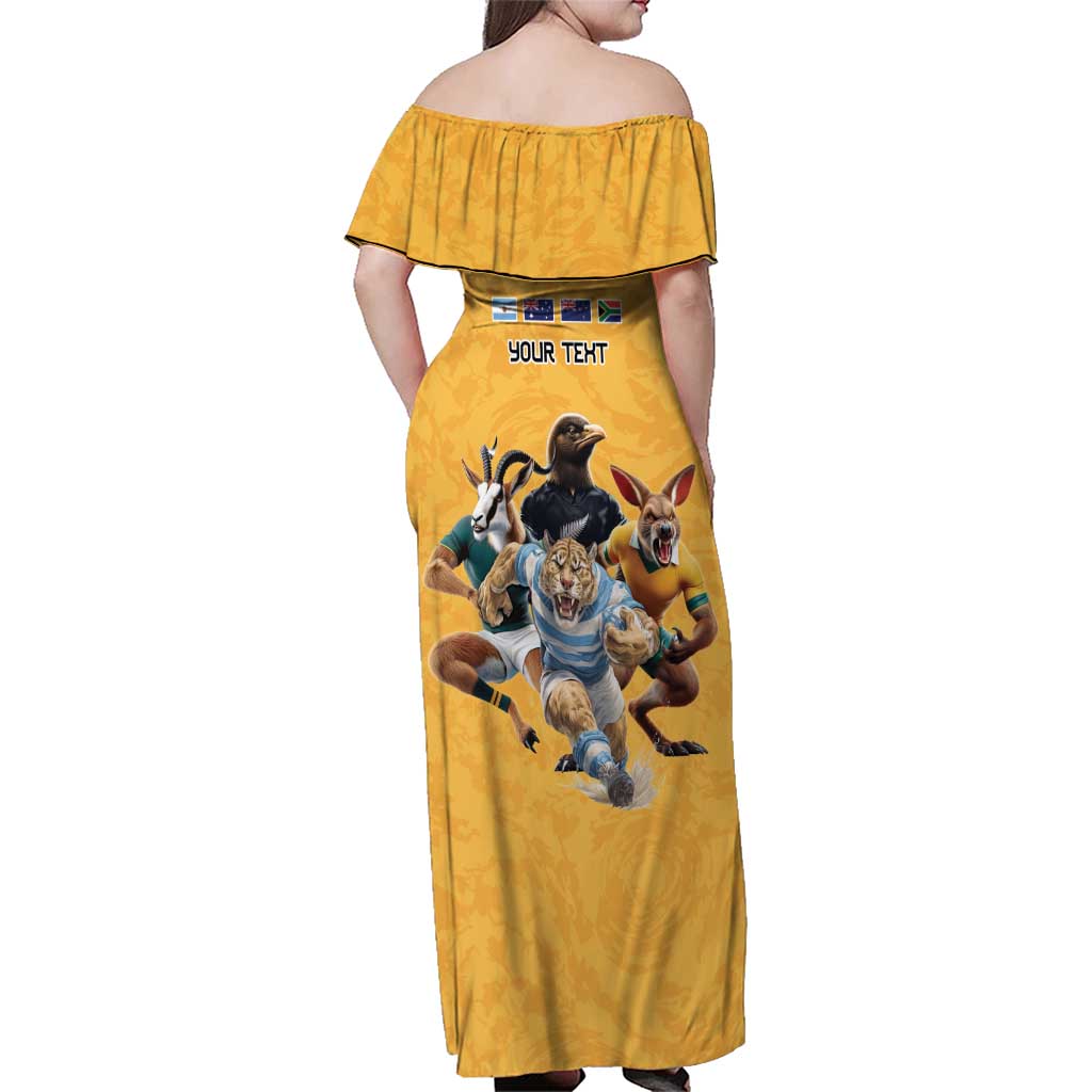 Custom Rugby Southern Hemisphere Family Matching Off Shoulder Maxi Dress and Hawaiian Shirt Argentina AUNZ South Africa Mascot Gold - Polynesian Pride