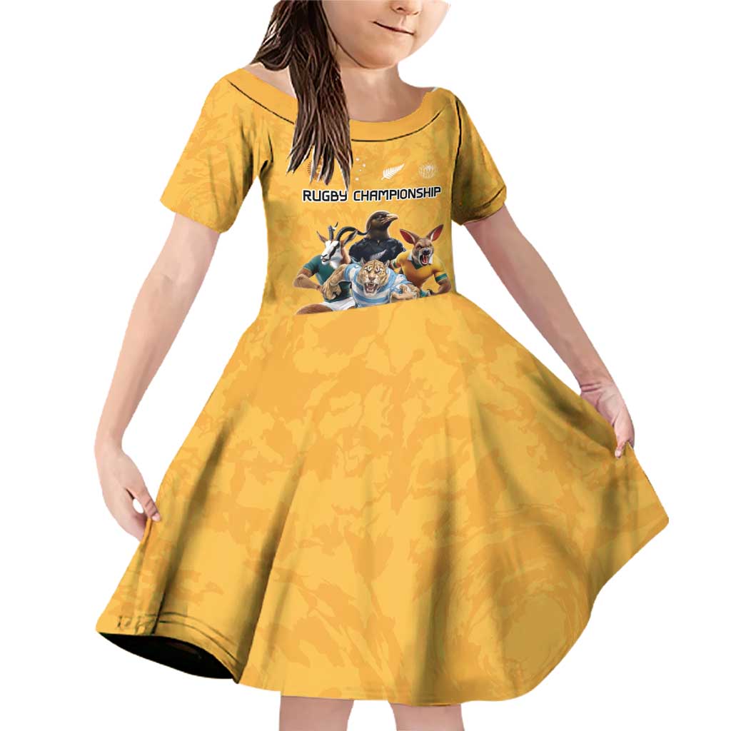 Custom Rugby Southern Hemisphere Family Matching Off Shoulder Short Dress and Hawaiian Shirt Argentina AUNZ South Africa Mascot Gold - Polynesian Pride