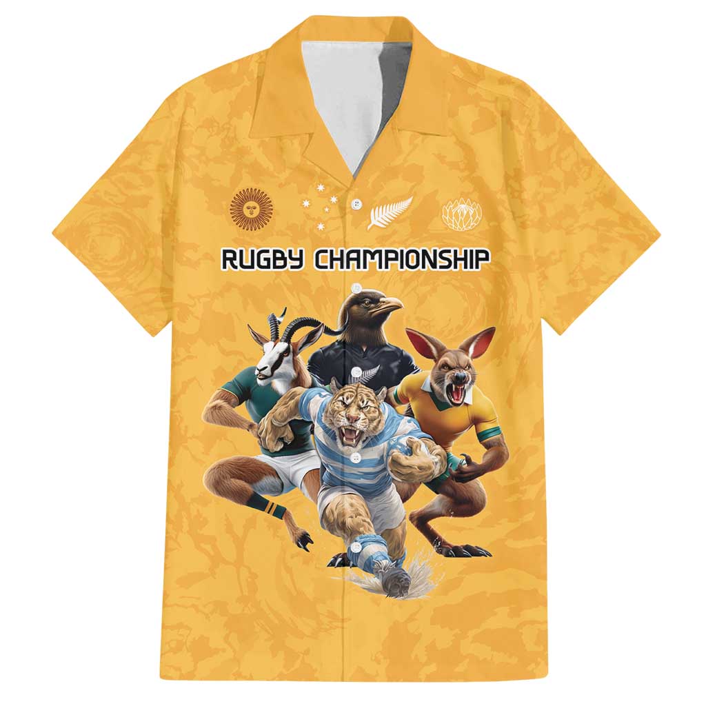 Custom Rugby Southern Hemisphere Family Matching Off Shoulder Short Dress and Hawaiian Shirt Argentina AUNZ South Africa Mascot Gold - Polynesian Pride