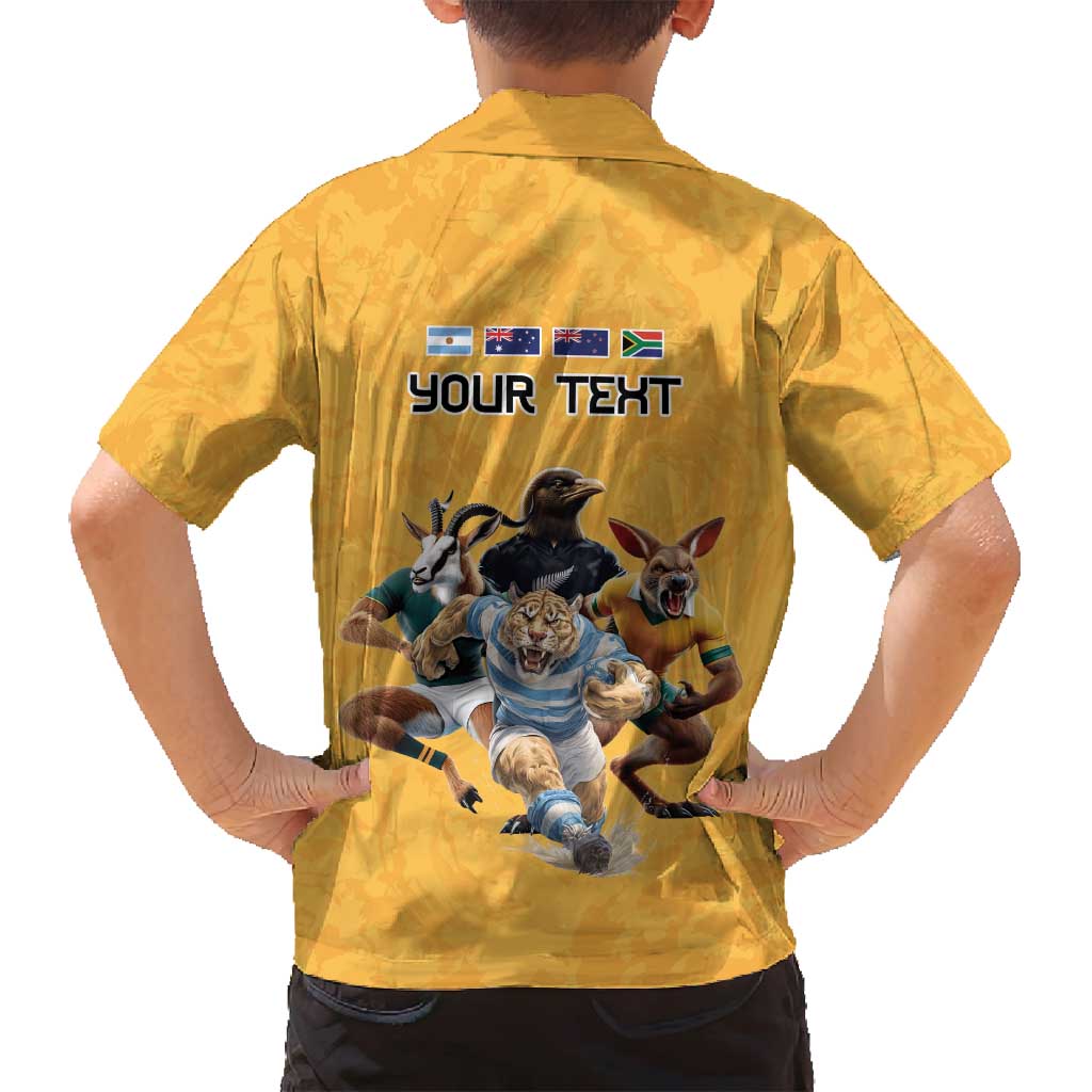 Custom Rugby Southern Hemisphere Family Matching Puletasi and Hawaiian Shirt Argentina AUNZ South Africa Mascot Gold LT9 - Polynesian Pride