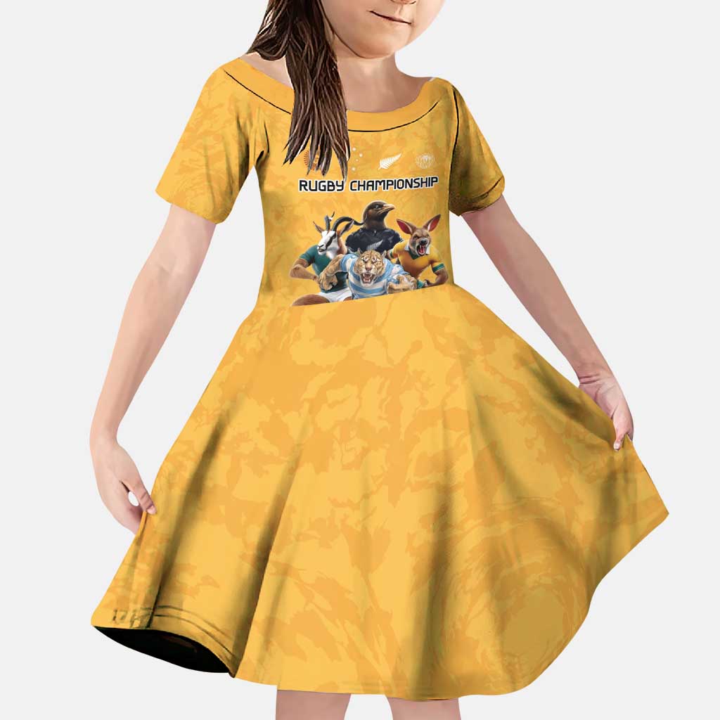 Custom Rugby Southern Hemisphere Family Matching Puletasi and Hawaiian Shirt Argentina AUNZ South Africa Mascot Gold LT9 Daughter's Dress Gold - Polynesian Pride
