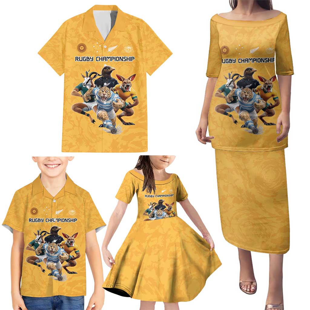 Custom Rugby Southern Hemisphere Family Matching Puletasi and Hawaiian Shirt Argentina AUNZ South Africa Mascot Gold LT9 - Polynesian Pride