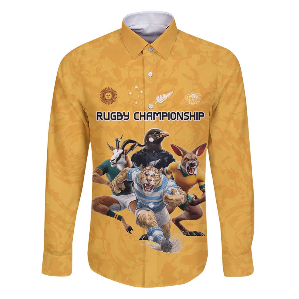Custom Rugby Southern Hemisphere Family Matching Puletasi and Hawaiian Shirt Argentina AUNZ South Africa Mascot Gold LT9 Dad's Shirt - Long Sleeve Gold - Polynesian Pride