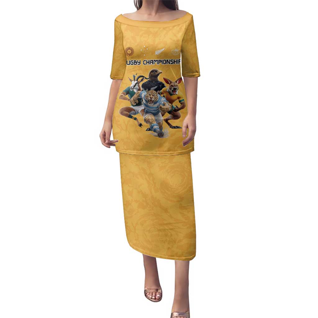 Custom Rugby Southern Hemisphere Family Matching Puletasi and Hawaiian Shirt Argentina AUNZ South Africa Mascot Gold LT9 Mom's Dress Gold - Polynesian Pride