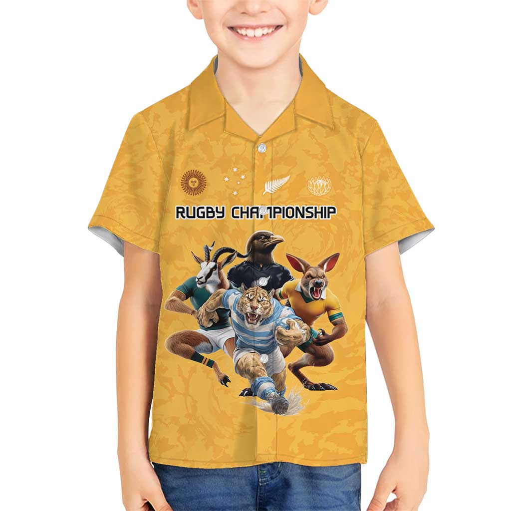 Custom Rugby Southern Hemisphere Family Matching Puletasi and Hawaiian Shirt Argentina AUNZ South Africa Mascot Gold LT9 Son's Shirt Gold - Polynesian Pride
