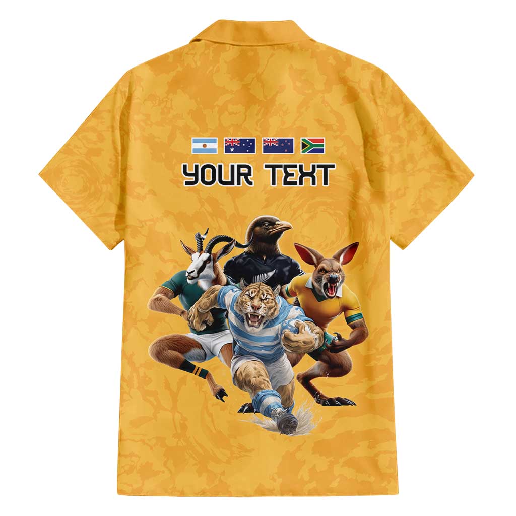 Custom Rugby Southern Hemisphere Family Matching Short Sleeve Bodycon Dress and Hawaiian Shirt Argentina AUNZ South Africa Mascot Gold - Polynesian Pride